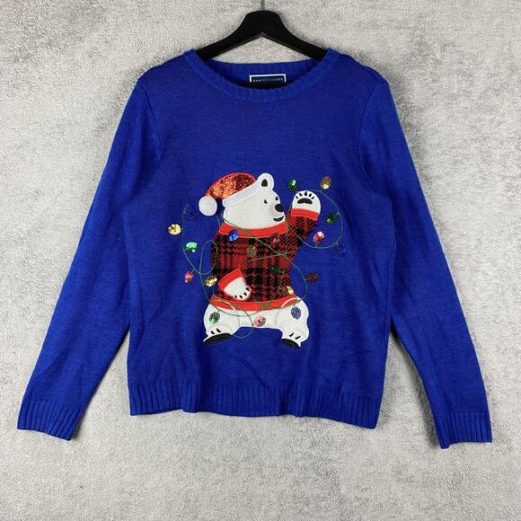 Karen Scott Sweater Womens Large Blue Polar Bear Christmas Holiday Pullover Ugly - Picture 1 of 15